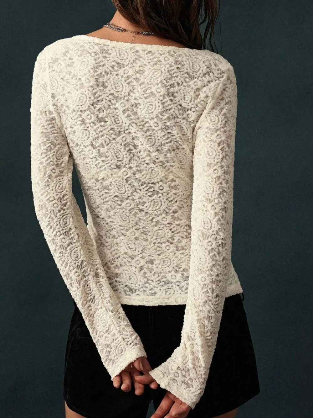 White Casual Women's Embroidered Button Design V-Neck Long Sleeve Top